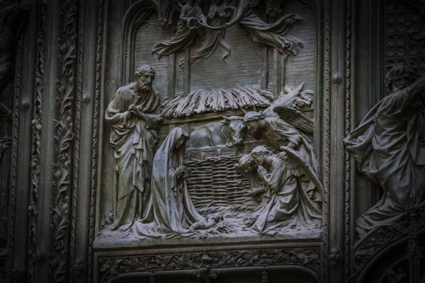 Porte Entrée Centrale Cathédrale Milan Avec Des Éléments Vie Jésus — Photo
