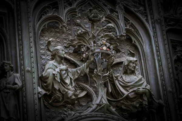 Door Central Entrance Duomo Cathedral Milan Elements Life Jesus — Stock Photo, Image