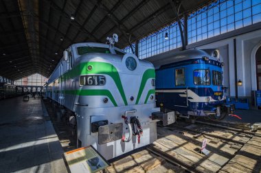 Madrid, İspanya - 27 Mart, 2018: Müzesi trenler Madrid Fuar demiryolu donatımı servis ekipman ve tarihi gelişimi. 