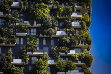 Milan, İtalya - 6 Haziran 2018: Bosco Verticale.Two modern binalar tasarım ve ekoloji şehir merkezinde 1000 ağaç orman ile kombine.