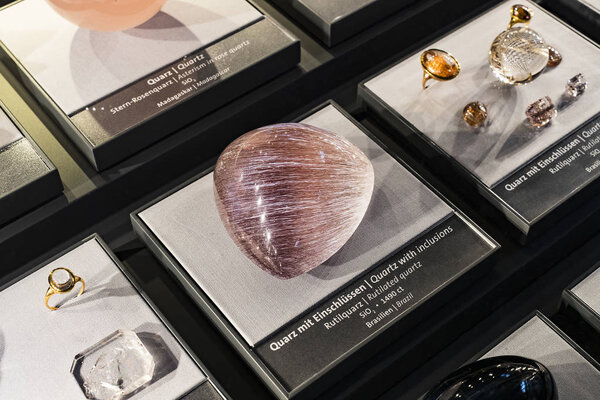 3 SEPTEMBER 2018, VIENNA, AUSTRIA: Exposition of precious and semiprecious stones processed and not processed in the Museum of Natural History, Vienna. 