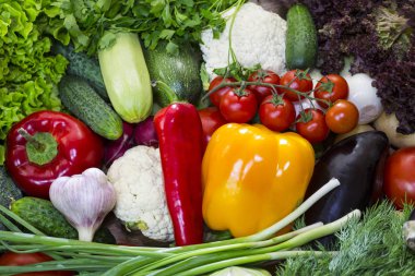 Taze sebze, domates, salatalık, soğan, mantar close-up arka plan 