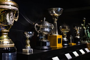 Madrid, İspanya - 25 Mart, 2018: Real Madrid Futbol Kulübü'nün müze su bardağı ve kulüp Ödülleri.