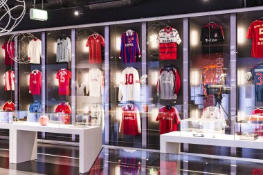 Münih, Almanya - 25 Kasım 2018: Başarıları Müzesi futbol kulübü Munich Bavyera Allianz Arena topraklarında bulunan.