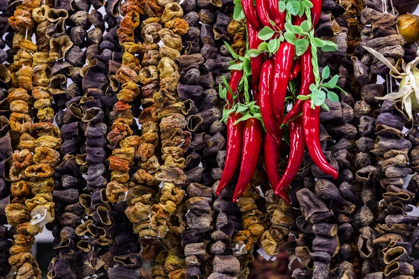 Background of dried vegetables eggplant garlic pepper.