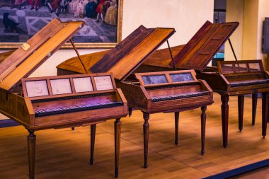 MÜZİK, Almanya - 27 Kasım 2018 Münih 'teki Bavyera Ulusal Müzesi' nde antik müzik aletlerinin tarihini anlatan bir sergi sunar.. 