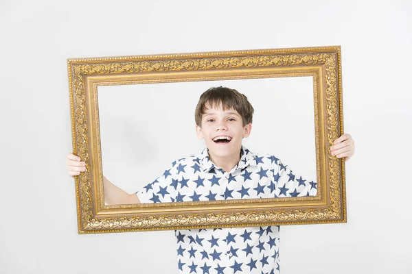 Portrait Boy White Background Picture Frame — Stock Photo, Image