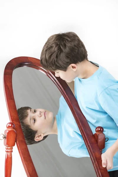 Portrait Boy Looking Mirror White Background — Stock Photo, Image