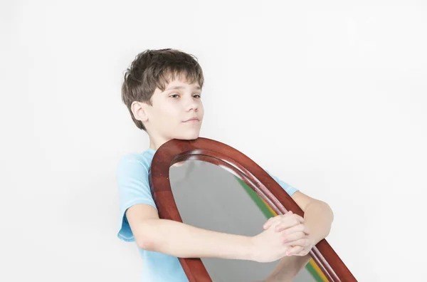 Portrait Boy Looking Mirror White Background — Stock Photo, Image