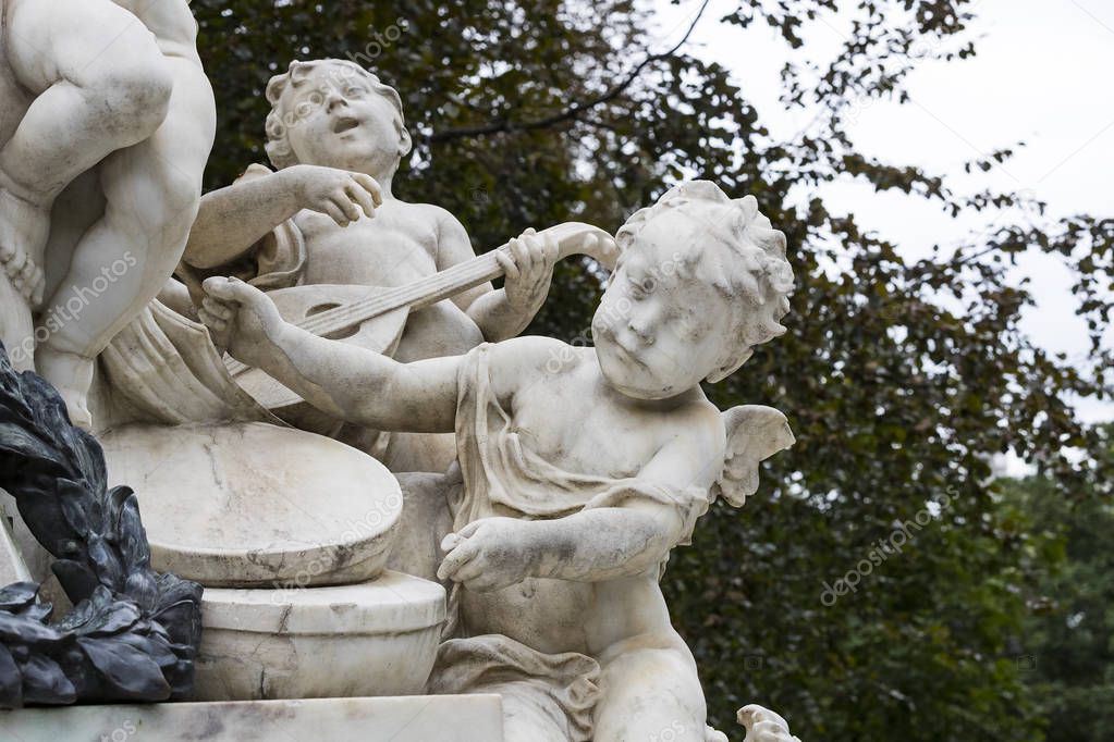Architectural elements of the Mozart monument created in 1896 in Vienna in Austria. 