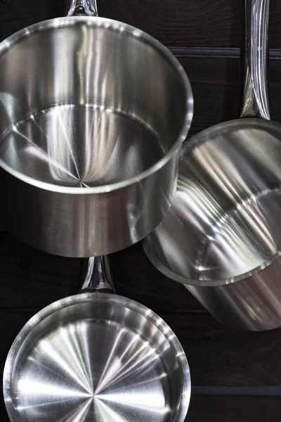 Several New Metal Pans Shot Close Kitchen — Stock Photo, Image