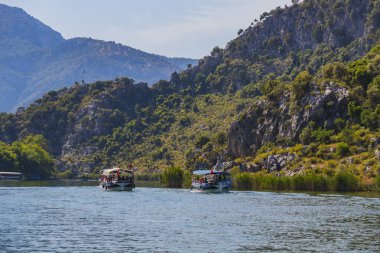Türkiye, Muğla ,Dalyan, - 5 Mayıs 2017: Dalyan Nehri'nin boğazlarında turist tekneleri ile mavi yengeç yakalıyor.