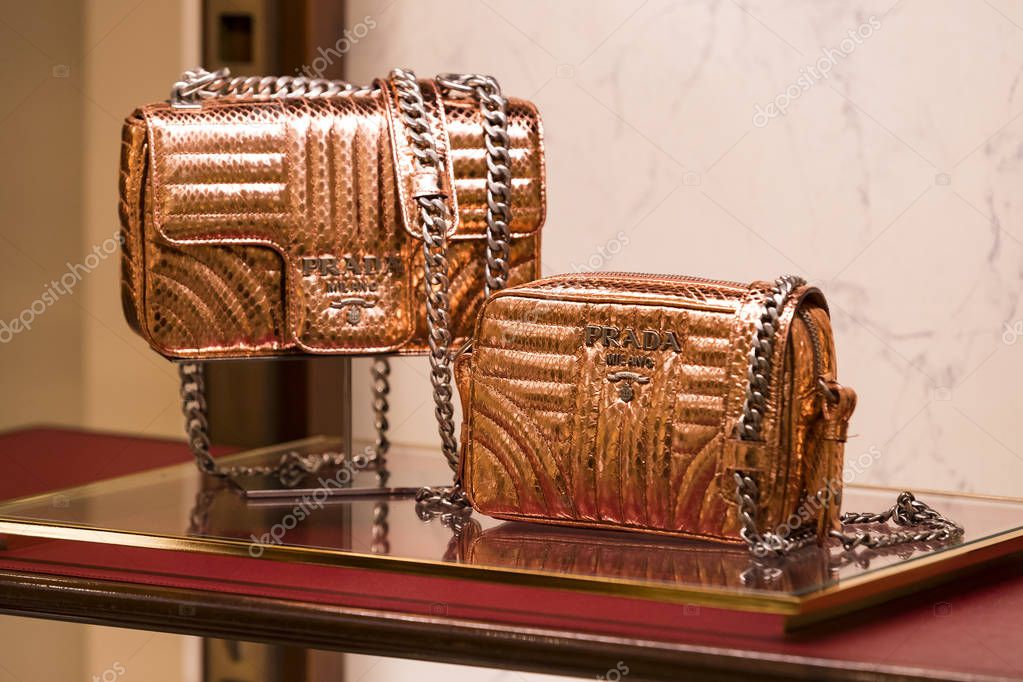 MILAN, ITALY - 2 JUNE, 2018: Products and products of stylish life in the Prada store in the city of Milan in Italy.