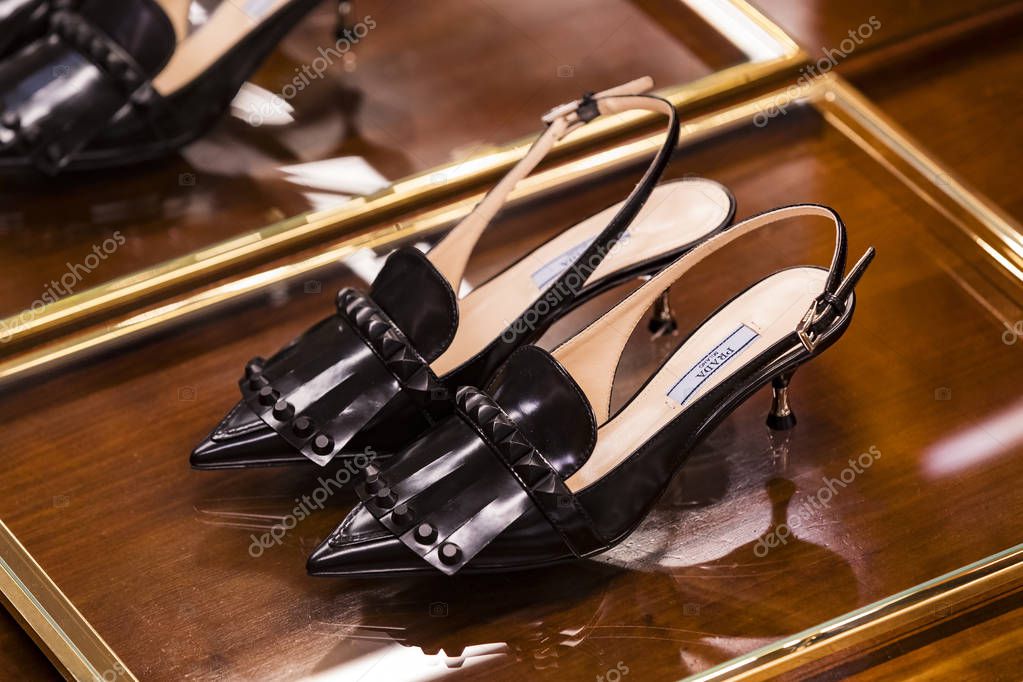 MILAN, ITALY - 2 JUNE, 2018: Products and products of stylish life in the Prada store in the city of Milan in Italy.