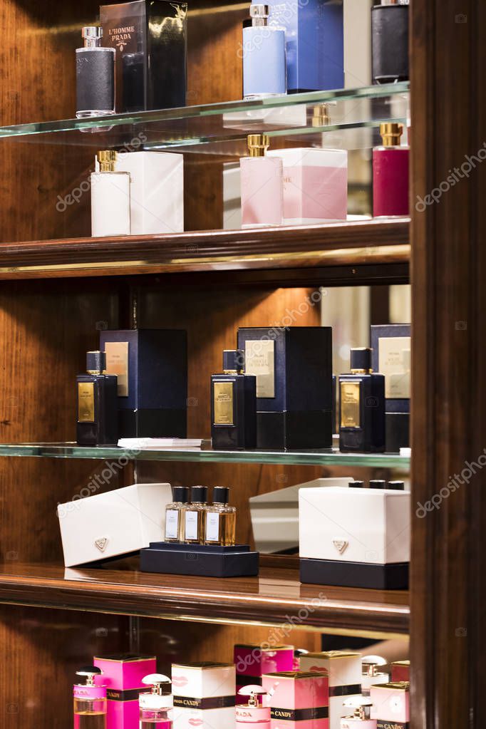 MILAN, ITALY - 2 JUNE, 2018: Products and products of stylish life in the Prada store in the city of Milan in Italy.