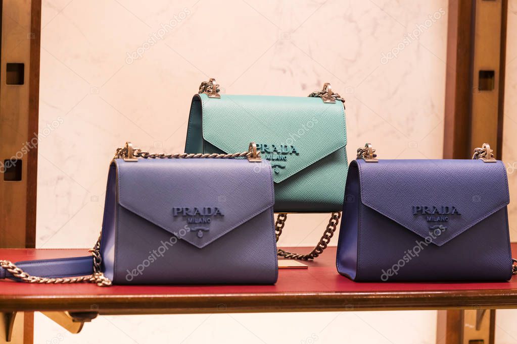 MILAN, ITALY - 2 JUNE, 2018: Products and products of stylish life in the Prada store in the city of Milan in Italy.
