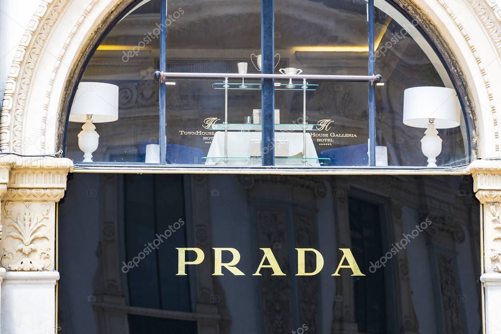 MILAN, ITALY - 2 JUNE, 2018: Products and products of stylish life in the Prada store in the city of Milan in Italy.