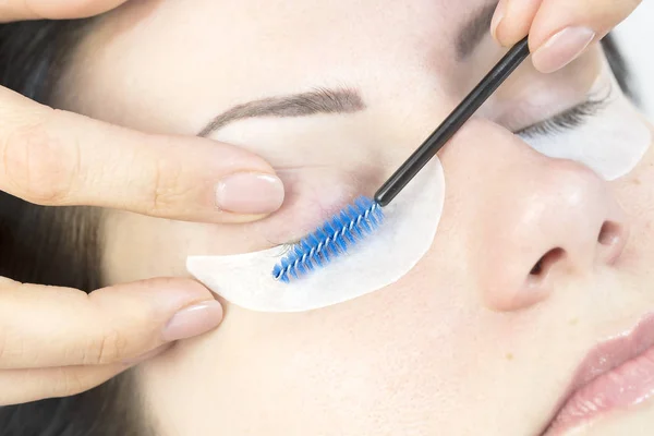 The procedure in the beauty salon eyelash extension and laminating woman.