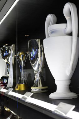 Madrid, İspanya - 25 Mart, 2018: Real Madrid Futbol Kulübü'nün müze su bardağı ve kulüp Ödülleri. 