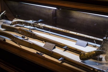 Madrid, İspanya - 28 Mart 2018:İspanya Donanması'nın Madrid tarihindeki Denizcilik Müzesi tarihi eser modellerini . 