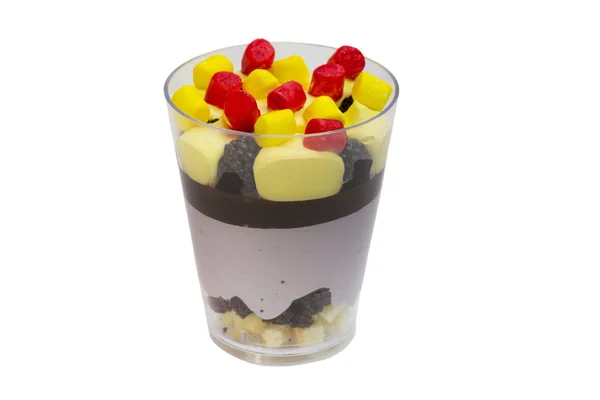 Canapes Creme Dessert Und Obst Auf Einem Tisch Einem Restaurant — Stockfoto