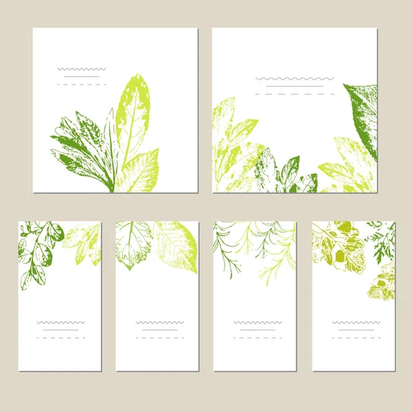 Set kartu dengan daun. Konsep ornamen pernikahan. Poster bunga, undangan. Vektor kartu ucapan dekoratif atau latar belakang desain undangan - Stok Vektor