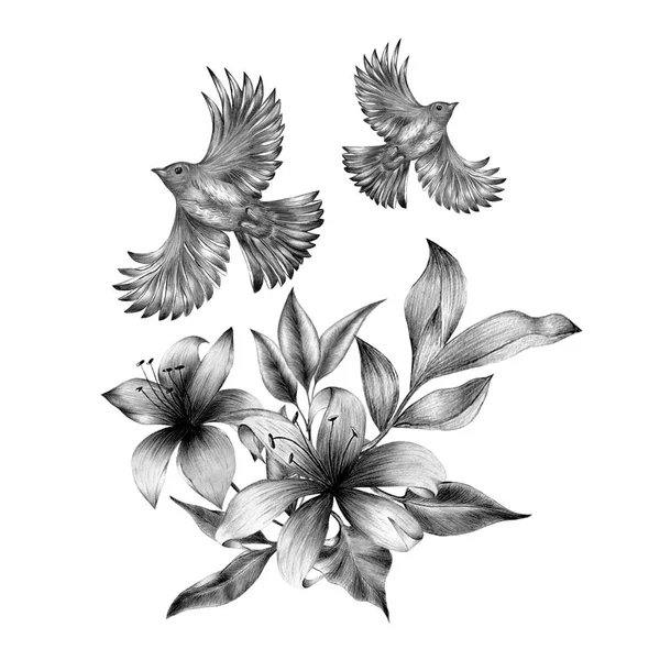 Une composition monochrome dessinée à la main de fleurs et d'oiseaux vintage. Oiseaux de printemps assis sur des branches de fleurs. Art gravé linéaire . — Photo