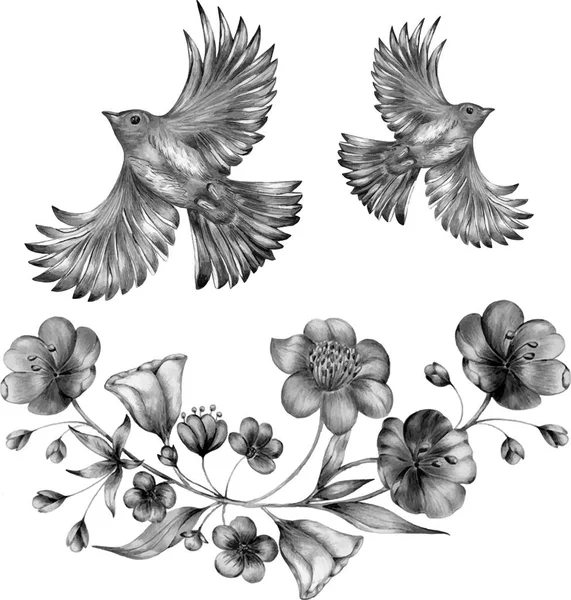 Bouquet floral monochrome avec oiseau. Dessins au trait, dessin à l'encre . — Image vectorielle