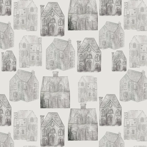 하우스와 추상 완벽 한 패턴입니다. 직물, 섬유, 벽지에 대 한 완벽 한입니다. 수채화 그림. — 스톡 사진