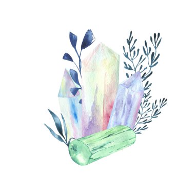 Kristaller ve çiçeklerle suluboya tarzında illüstrasyon.