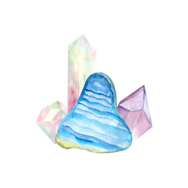 Kristaller ve çiçeklerle suluboya tarzında illüstrasyon.