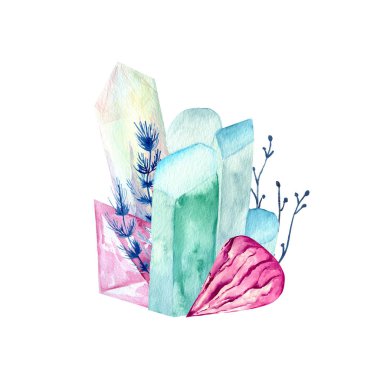 Kristaller ve çiçeklerle suluboya tarzında illüstrasyon.