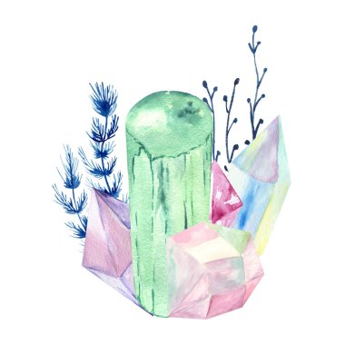 Kristaller ve çiçeklerle suluboya tarzında illüstrasyon.