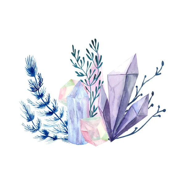 Kristaller ve çiçeklerle suluboya tarzında illüstrasyon.