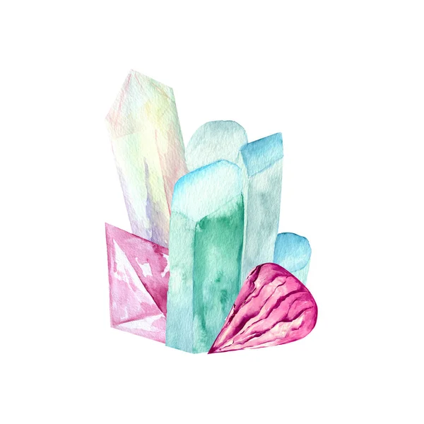 Illustrazione con cristalli e fiori in stile acquerello . — Foto Stock