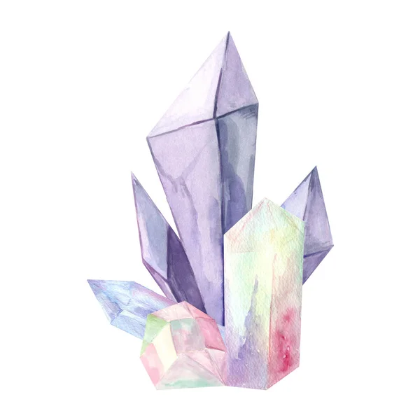 Illustration mit Kristallen und Blumen im Aquarell-Stil. — Stockfoto