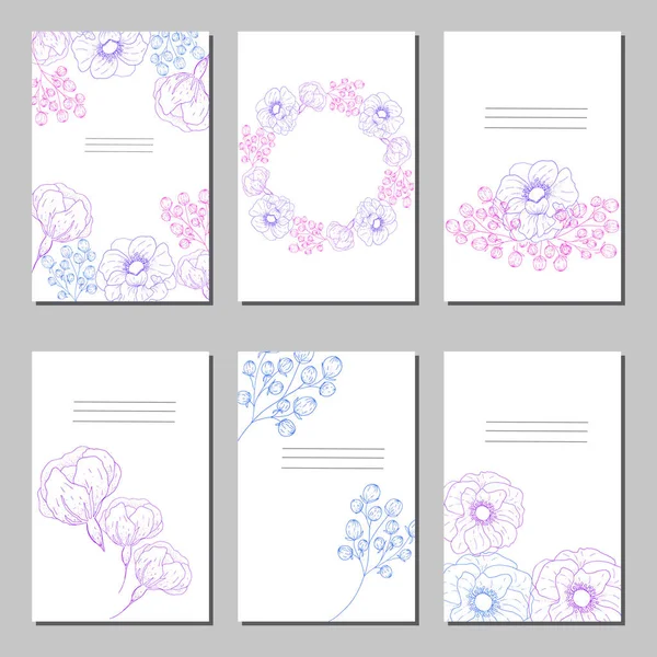 Conjunto de tarjeta con rosa flor, hojas . — Vector de stock