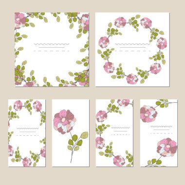 Kır çiçekleri ve yaprakları ile botanik kartı. Bahar süsleme kavramı. Çiçek poster, davet. Vektör düzen dekoratif tebrik kartı veya davetiye tasarım arka plan. Elle çizilmiş illüstrasyon.