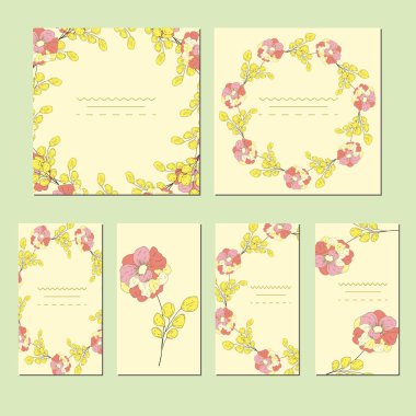 Kır çiçekleri ve yaprakları ile botanik kartı. Bahar süsleme kavramı. Çiçek poster, davet. Vektör düzen dekoratif tebrik kartı veya davetiye tasarım arka plan. Elle çizilmiş illüstrasyon.