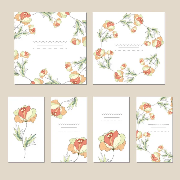 野生の花と葉を持つ植物のカード。春の飾りのコンセプトです。花のポスター、招待。ベクトル レイアウト装飾的なグリーティング カードや招待状デザインの背景。手描きイラスト. — ストックベクタ
