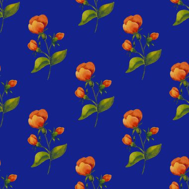 Suluboya dikişsiz desen, narin çiçekler, sarı, mavi ve pembe çiçekler, tebrik kartı şablonu.