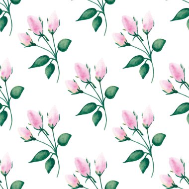 Suluboya dikişsiz desen, narin çiçekler, sarı, mavi ve pembe çiçekler, tebrik kartı şablonu.