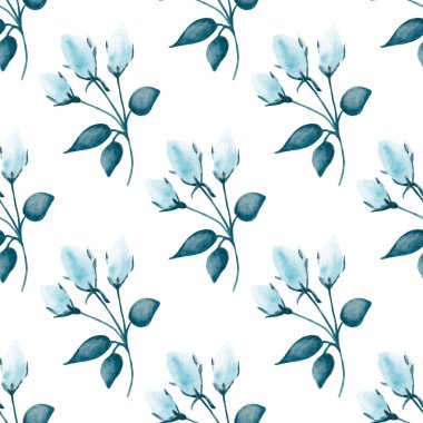 Suluboya dikişsiz desen, narin çiçekler, sarı, mavi ve pembe çiçekler, tebrik kartı şablonu.