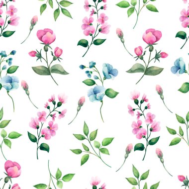 Suluboya dikişsiz desen, narin çiçekler, sarı, mavi ve pembe çiçekler, tebrik kartı şablonu.