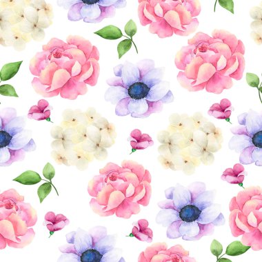 Suluboya dikişsiz desen, narin çiçekler, sarı, mavi ve pembe çiçekler, tebrik kartı şablonu.