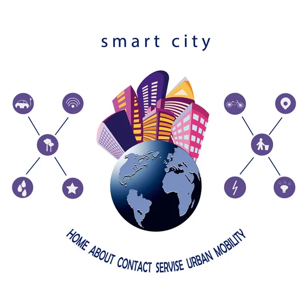 Cidade inteligente com serviços inteligentes e ícones, internet das coisas, redes e conceito de realidade aumentada —  Vetores de Stock