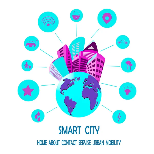 스마트 서비스와 아이콘, 사물의 인터넷, 네트워크, 증강 현실 개념이 있는 똑똑 한 도시 — 스톡 벡터