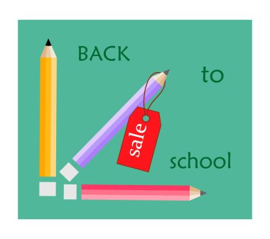 Okula geri dön. Renkli okul pensils ve beyaz arka planda kırmızı satış teg ile Vektör compocition.