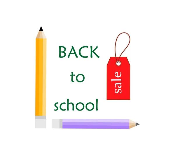 Okula geri dön. Renkli okul pensils ve beyaz arka planda kırmızı satış teg ile Vektör compocition. — Stok Vektör