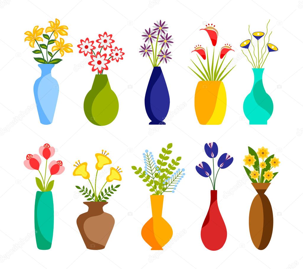 Colourful Flowers and plants in Vases. Vector Illustration.